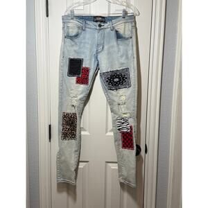Denim City Patchwork Jeans Waist 34 Y2K Grunge Animal Print Distressed